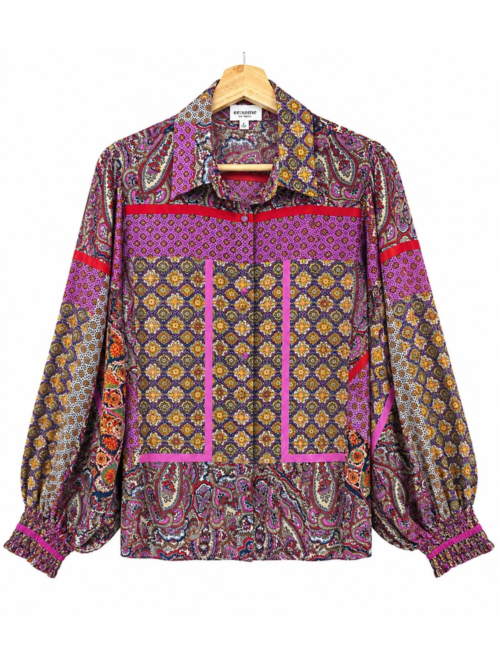 Anthropologie EE:SOME Mixed Print Boho Balloon Sleeve Smocked Cuff Blouse Small